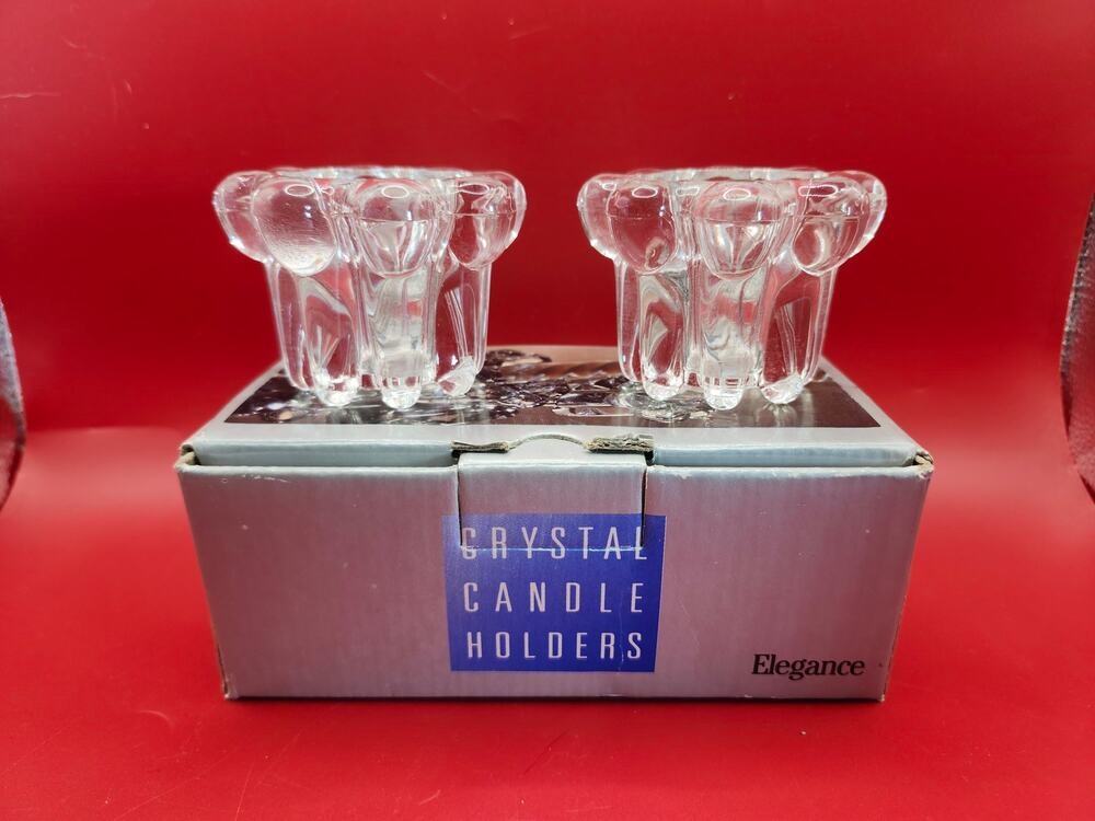 Elegance Crystal Candle Holders Set of Two, 2-Inch Scalloped Flowers Vtg in Box